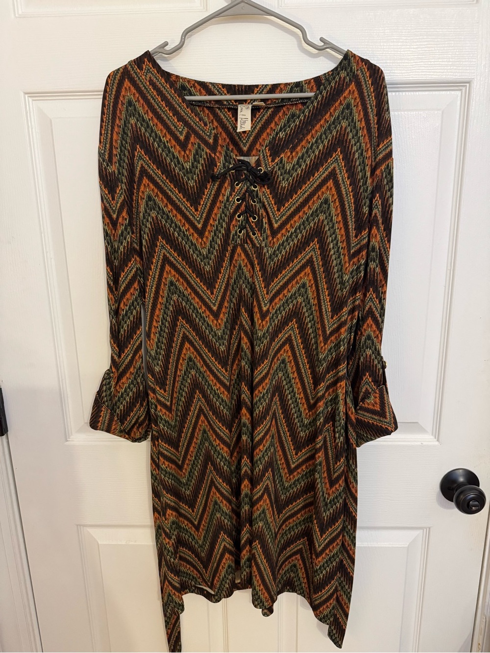 Emma & Michele Olive and Rust Chevron Lace-Up Long Sleeve Dress